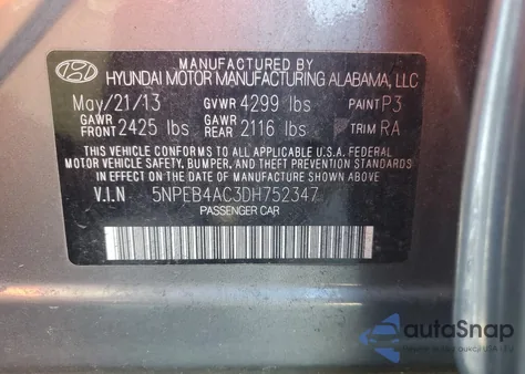 2013 Hyundai Sonata Gls z USA, uszkodzony, nr VIN 5NPEB4AC3DH752347